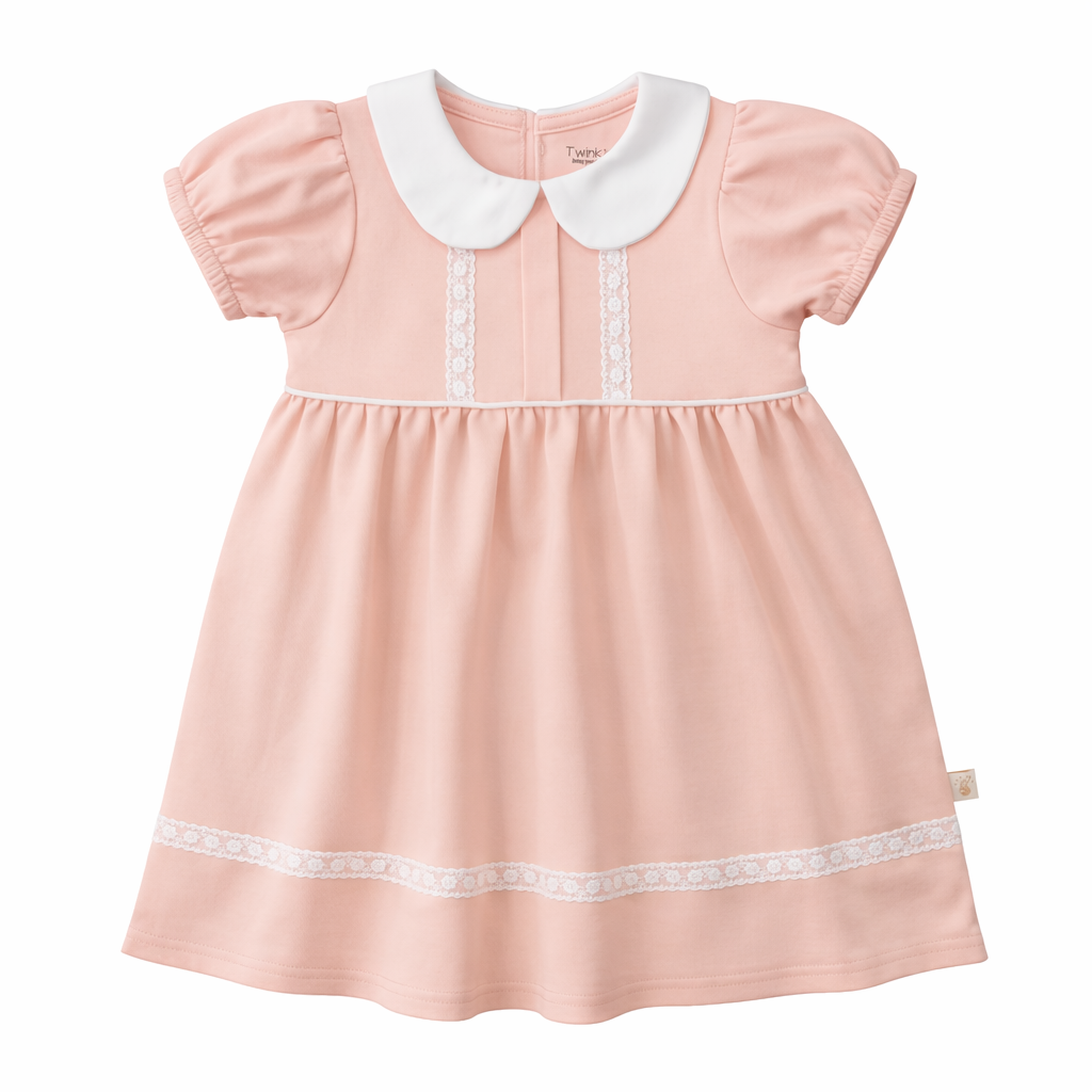 Organic Cotton Pleated Sleeves Peterpan Collar Embroidery Dress