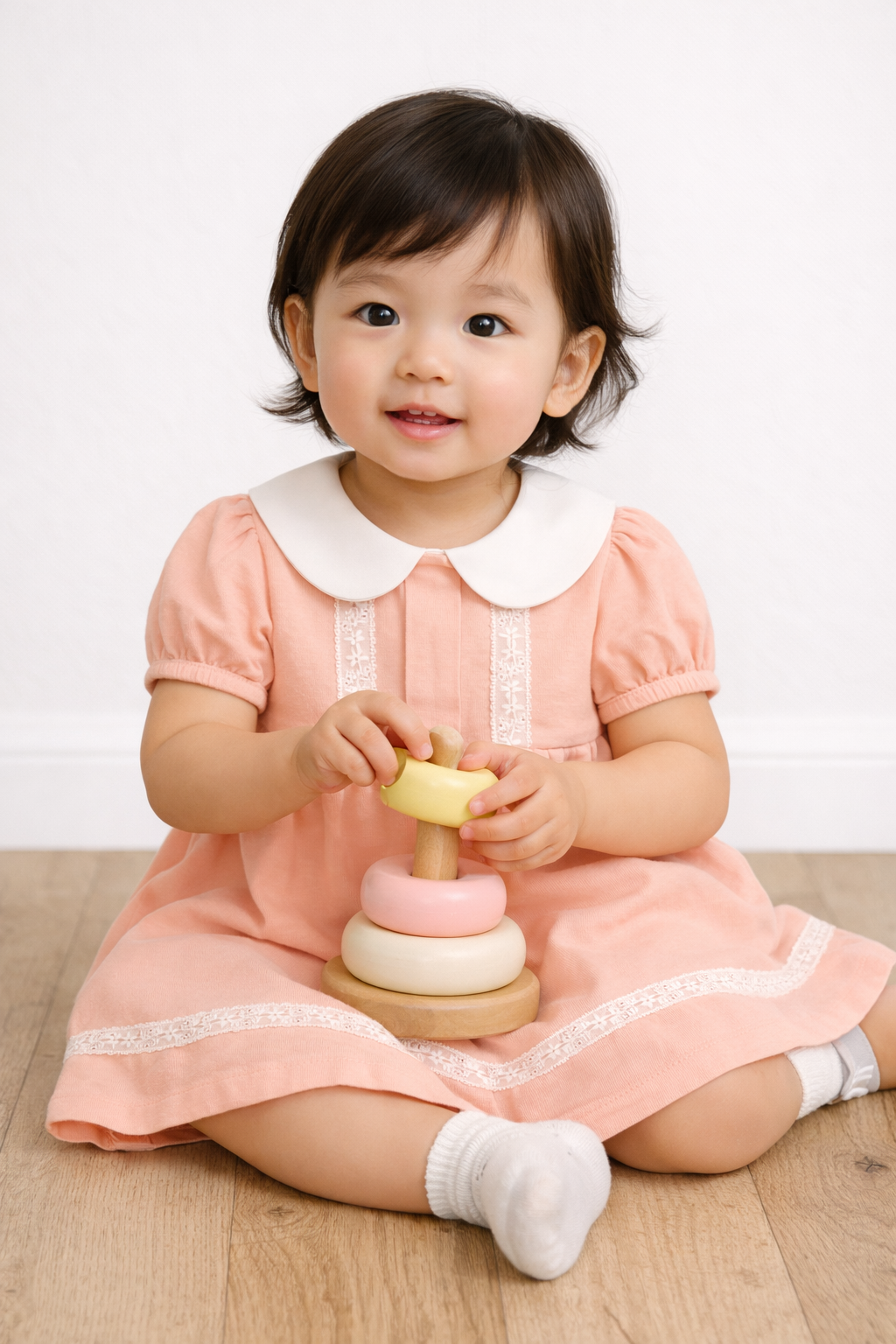 Organic Cotton Pleated Sleeves Peterpan Collar Embroidery Dress